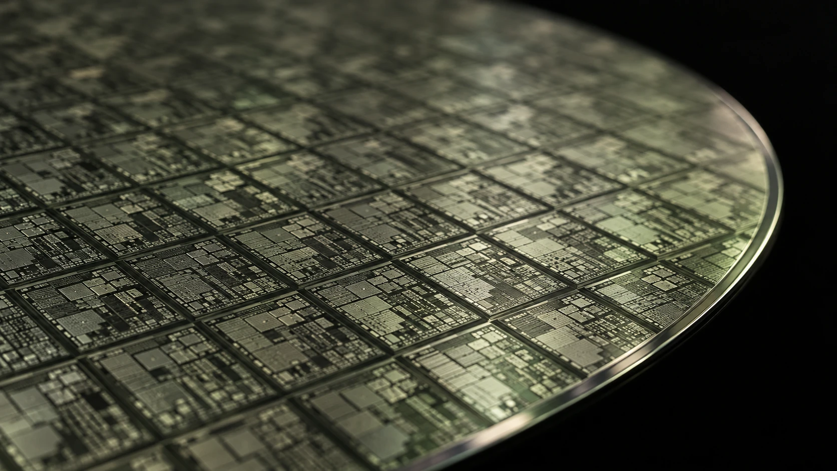 AI-generated close-up of a silicon wafer with fine, repeating chip structures